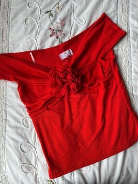 Red Off-Shoulder Top with Floral Rosette